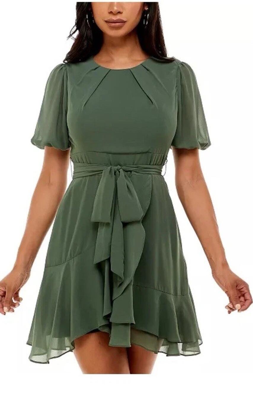 B Darlin Juniors Olive Green Chiffon Puff Sleeve Tie Waist A-Line Dress 3/4